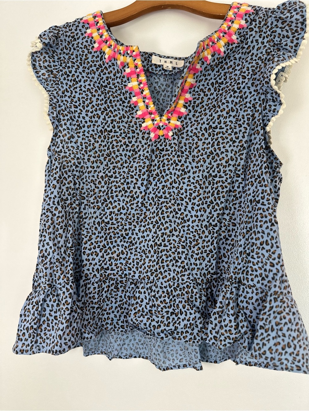 THML Blue Leopard Print Ruffle Tee with Pink & Yellow Trim